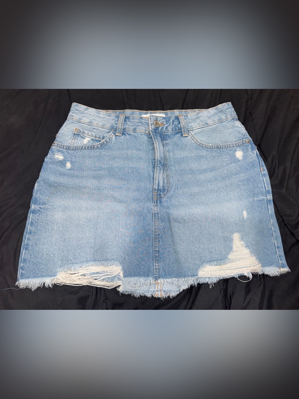 Primark Women’s Blue Denim Distressed Frayed Hem Mini Skirt Pockets Zip 6